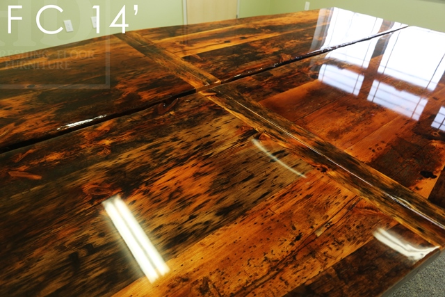 Details of table: 14 ft Long - 2 parts - Reclaimed Threshing Floor Pine - Premium epoxy/high gloss polyurethane finish - 3" posts style base