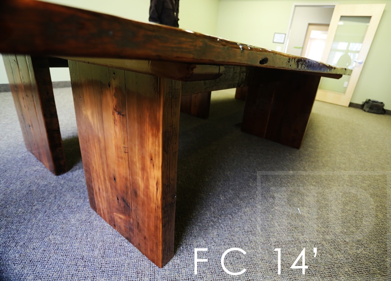 Details of table: 14 ft Long - 2 parts - Reclaimed Threshing Floor Pine - Premium epoxy/high gloss polyurethane finish - 3" posts style base