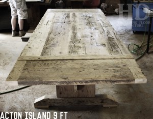 Details of table: 110" Reclaimed Wood Trestle Table - 45" wide - Reclaimed Threshing Floor Hemlock species - Premium epoxy & matte polyurethane finish - with two 18" leaves