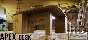 Details: 77" Long Desk - 66" return - 90 degree corner with integrated 30" round top - 3 drawers - Reclaimed Threshing Floor Pine - Premium epoxy/matte polyurethane finish