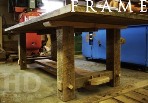 Details of table: 8 ft Frame style table - 46" wide - Reclaimed Threshing Floor Hemlock - Premium epoxy/matte polyurethane finish
