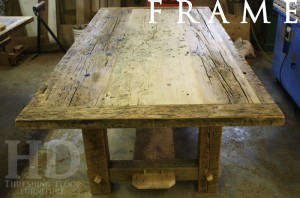 Details of table: 8 ft Frame style table - 46" wide - Reclaimed Threshing Floor Hemlock - Premium epoxy/matte polyurethane finish