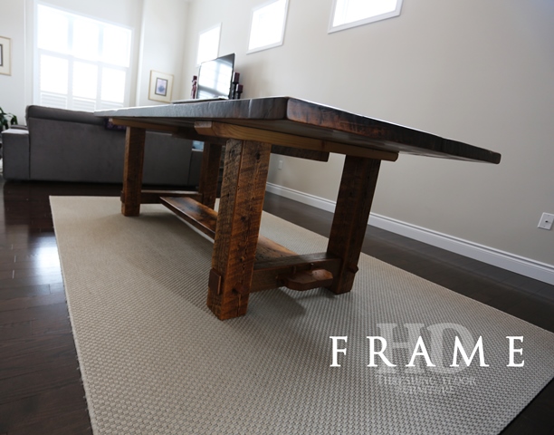 Details of table: 8 ft Frame style table - 46" wide - Reclaimed Threshing Floor Hemlock - Premium epoxy/matte polyurethane finish 