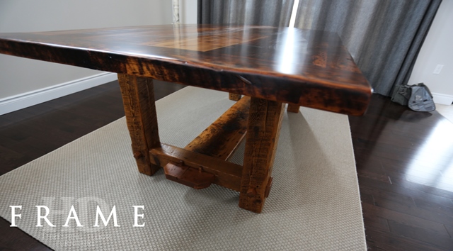 Details of table: 8 ft Frame style table - 46" wide - Reclaimed Threshing Floor Hemlock - Premium epoxy/matte polyurethane finish 