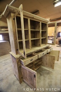 84" Wide Reclaimed Wood Hutch - 7'10" Height - 42" height base - 52" height top - 3 doors / 2 glass doors - shelving - 3 drawers - Grainery board 1" constructions - 2" threshing floor top - Premium epoxy/matte polyurethane finish