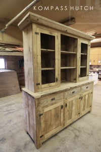 84" Wide Reclaimed Wood Hutch - 7'10" Height - 42" height base - 52" height top - 3 doors / 2 glass doors - shelving - 3 drawers - Grainery board 1" constructions - 2" threshing floor top - Premium epoxy/matte polyurethane finish
