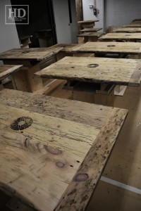 Custom restaurant tops –brand burnt in - Premium epoxy /matte polyurethane finish – Reclaimed Threshing Floor Pine – original edges - 2†thick threshing floor – bread-edge ends