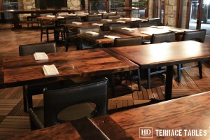 Custom restaurant tops –brand burnt in - Premium epoxy /matte polyurethane finish – Reclaimed Threshing Floor Pine – original edges - 2†thick threshing floor – bread-edge ends