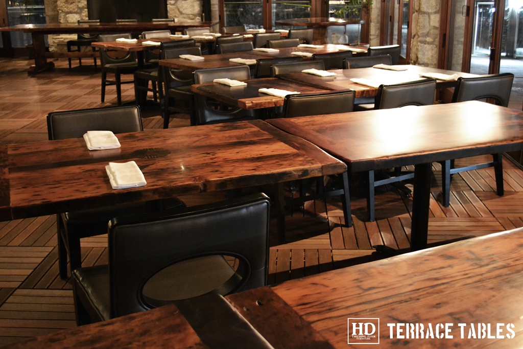 Custom restaurant tops –brand burnt in - Premium epoxy /matte polyurethane finish – Reclaimed Threshing Floor Pine – original edges - 2†thick threshing floor – bread-edge ends