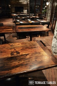 Custom restaurant tops –brand burnt in - Premium epoxy /matte polyurethane finish – Reclaimed Threshing Floor Pine – original edges - 2†thick threshing floor – bread-edge ends