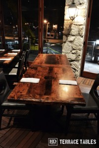 Custom restaurant tops –brand burnt in - Premium epoxy /matte polyurethane finish – Reclaimed Threshing Floor Pine – original edges - 2†thick threshing floor – bread-edge ends