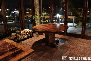 Custom restaurant tops –brand burnt in - Premium epoxy /matte polyurethane finish – Reclaimed Threshing Floor Pine – original edges - 2†thick threshing floor – bread-edge ends