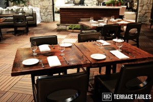 Custom restaurant tops –brand burnt in - Premium epoxy /matte polyurethane finish – Reclaimed Threshing Floor Pine – original edges - 2†thick threshing floor – bread-edge ends