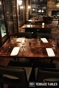Custom restaurant tops –brand burnt in - Premium epoxy /matte polyurethane finish – Reclaimed Threshing Floor Pine – original edges - 2†thick threshing floor – bread-edge ends