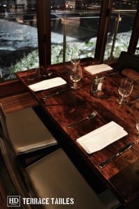 Custom restaurant tops –brand burnt in - Premium epoxy /matte polyurethane finish – Reclaimed Threshing Floor Pine – original edges - 2†thick threshing floor – bread-edge ends