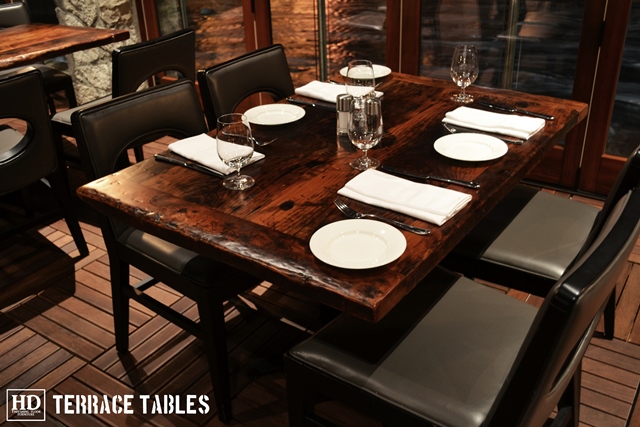 Custom restaurant tops –brand burnt in - Premium epoxy /matte polyurethane finish – Reclaimed Threshing Floor Pine – original edges - 2†thick threshing floor – bread-edge ends