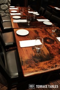 Custom restaurant tops –brand burnt in - Premium epoxy /matte polyurethane finish – Reclaimed Threshing Floor Pine – original edges - 2†thick threshing floor – bread-edge ends