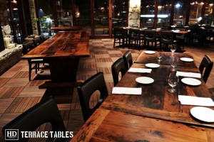 Custom restaurant tops –brand burnt in - Premium epoxy /matte polyurethane finish – Reclaimed Threshing Floor Pine – original edges - 2†thick threshing floor – bread-edge ends