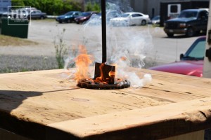Custom restaurant tops –brand burnt in - Premium epoxy /matte polyurethane finish – Reclaimed Threshing Floor Pine – original edges - 2†thick threshing floor – bread-edge ends
