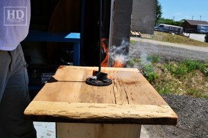 Custom restaurant tops –brand burnt in - Premium epoxy /matte polyurethane finish – Reclaimed Threshing Floor Pine – original edges - 2†thick threshing floor – bread-edge ends