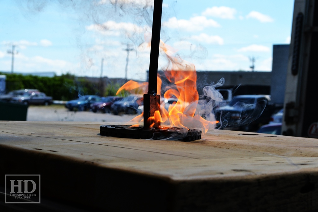 Custom restaurant tops –brand burnt in - Premium epoxy /matte polyurethane finish – Reclaimed Threshing Floor Pine – original edges - 2†thick threshing floor – bread-edge ends