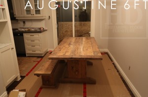 Details of table: 6 ft Trestle Table - 36" wide - Reclaimed Hemlock - Greytone Treatment - Premium epoxy/matte polyurethane finish - 6 ft (matching) trestle style bench