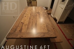 Details of table: 6 ft Trestle Table - 36" wide - Reclaimed Hemlock - Greytone Treatment - Premium epoxy/matte polyurethane finish - 6 ft (matching) trestle style bench