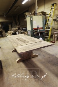 Details of order: 6.5' Trestle Table - 42" wide - Reclaimed Threshing Floor Hemlock - Premium epoxy + matte polyurethane finish - two 18" leaves [making total length 9.6 ft when extended]