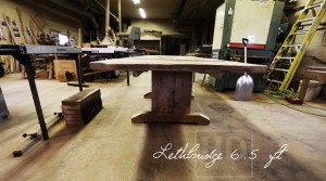 Details of order: 6.5' Trestle Table - 42" wide - Reclaimed Threshing Floor Hemlock - Premium epoxy + matte polyurethane finish - two 18" leaves [making total length 9.6 ft when extended]