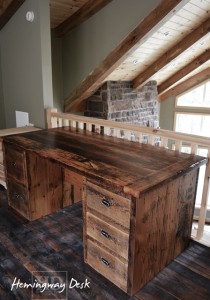 Desk Details: 6 ft Threshing Floor Walls Desk [ref: Hemingway] â€“ 36â€ deep â€“ 5 drawers â€“ Premium epoxy/matte polyurethane finish â€“ Reclaimed Wood Hemlock