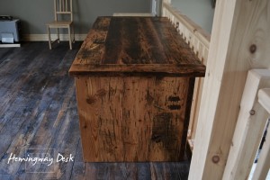 Desk Details: 6 ft Threshing Floor Walls Desk [ref: Hemingway] â€“ 36â€ deep â€“ 5 drawers â€“ Premium epoxy/matte polyurethane finish â€“ Reclaimed Wood Hemlock