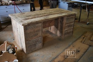 Desk Details: 6 ft Threshing Floor Walls Desk [ref: Hemingway] â€“ 36â€ deep â€“ 5 drawers â€“ Premium epoxy/matte polyurethane finish â€“ Reclaimed Wood Hemlock