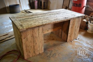 Desk Details: 6 ft Threshing Floor Walls Desk [ref: Hemingway] â€“ 36â€ deep â€“ 5 drawers â€“ Premium epoxy/matte polyurethane finish â€“ Reclaimed Wood Hemlock
