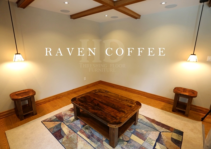 Details: 48†x 36†Coffee Table – with a 1†grainery board shelf - 4†x 4†windbrace legs - Reclaimed Threshing Floor Board Hemlock – rounded corners - Premium (lighter coating) epoxy/matte polyurethane finish