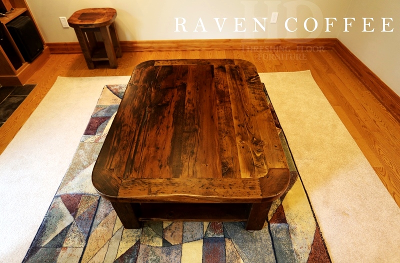 Details: 48†x 36†Coffee Table – with a 1†grainery board shelf - 4†x 4†windbrace legs - Reclaimed Threshing Floor Board Hemlock – rounded corners - Premium (lighter coating) epoxy/matte polyurethane finish