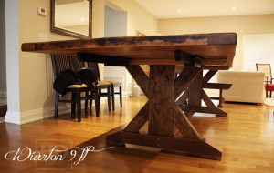 Details of job: 9 ft Sawbuck Table - 42" wide - Premium epoxy/matte polyurethane finish - Reclaimed Threshing Floor Hemlock - Two 18 inch end leaves - Two 42 inch benches