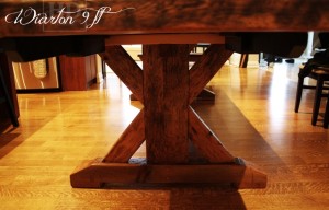 Details of job: 9 ft Sawbuck Table - 42" wide - Premium epoxy/matte polyurethane finish - Reclaimed Threshing Floor Hemlock - Two 18 inch end leaves - Two 42 inch benches