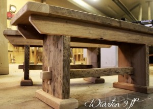 Details of job: 9 ft Sawbuck Table - 42" wide - Premium epoxy/matte polyurethane finish - Reclaimed Threshing Floor Hemlock - Two 18 inch end leaves - Two 42 inch benches