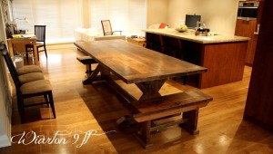 Details of job: 9 ft Sawbuck Table - 42" wide - Premium epoxy/matte polyurethane finish - Reclaimed Threshing Floor Hemlock - Two 18 inch end leaves - Two 42 inch benches