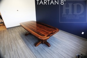 8 foot Pedestal Table - 48" wide - 3" thick Top - Two Hand-Hewn Beam Posts - Barnwood Hemlock Threshing Floor - Hand-Hewn Beam Posts