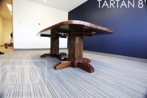 8 foot Pedestal Table - 48" wide - 3" thick Top - Two Hand-Hewn Beam Posts - Barnwood Hemlock Threshing Floor - Hand-Hewn Beam Posts
