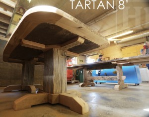 8 foot Pedestal Table - 48" wide - 3" thick Top - Two Hand-Hewn Beam Posts - Barnwood Hemlock Threshing Floor - Hand-Hewn Beam Posts