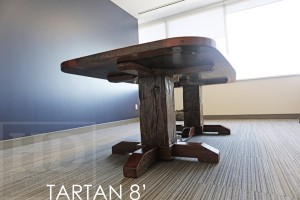 8 foot Pedestal Table - 48" wide - 3" thick Top - Two Hand-Hewn Beam Posts - Barnwood Hemlock Threshing Floor - Hand-Hewn Beam Posts