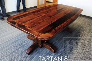 8 foot Pedestal Table - 48" wide - 3" thick Top - Two Hand-Hewn Beam Posts - Barnwood Hemlock Threshing Floor - Hand-Hewn Beam Posts