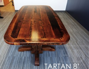 8 foot Pedestal Table - 48" wide - 3" thick Top - Two Hand-Hewn Beam Posts - Barnwood Hemlock Threshing Floor - Hand-Hewn Beam Posts
