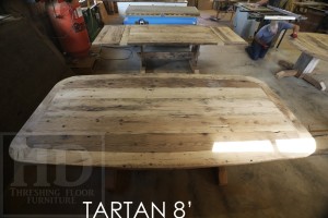 8 foot Pedestal Table - 48" wide - 3" thick Top - Two Hand-Hewn Beam Posts - Barnwood Hemlock Threshing Floor - Hand-Hewn Beam Posts