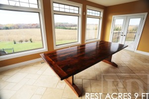 9' Trestle Table - 42" wide - Reclaimed Hemlock Threshing Floor Board Construction - Epoxy + Satin Polyurethane finish