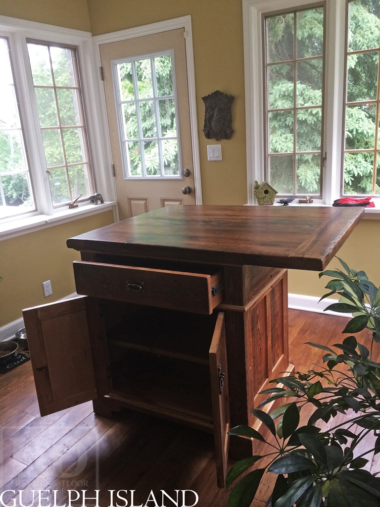 45†x 36†Island - 1†grainery board construction – 2†threshing floor Pine top minimal sanding with bread-edges – internal 1†shelving behind doors - Premium epoxy and matte polyurethane finish - 1 drawer/2 doors – Lee Valley hardware