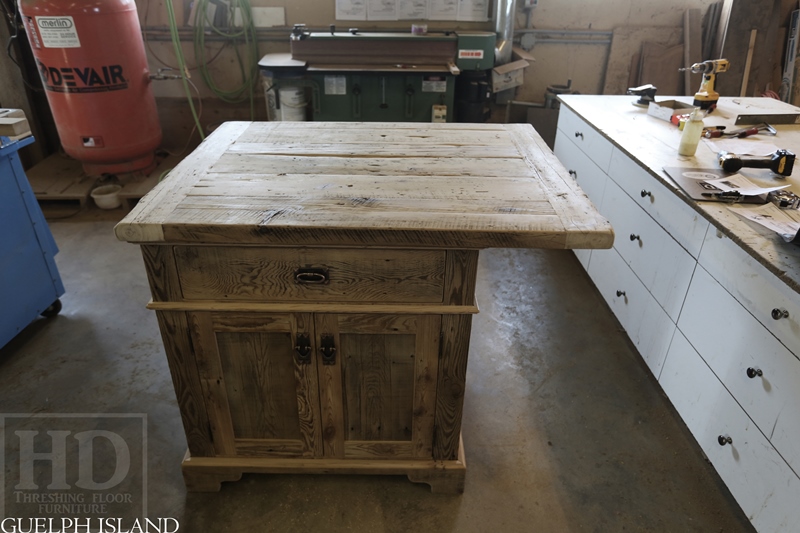 45†x 36†Island - 1†grainery board construction – 2†threshing floor Pine top minimal sanding with bread-edges – internal 1†shelving behind doors - Premium epoxy and matte polyurethane finish - 1 drawer/2 doors – Lee Valley hardware