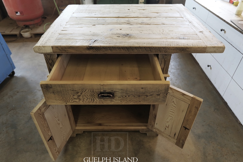 45†x 36†Island - 1†grainery board construction – 2†threshing floor Pine top minimal sanding with bread-edges – internal 1†shelving behind doors - Premium epoxy and matte polyurethane finish - 1 drawer/2 doors – Lee Valley hardware